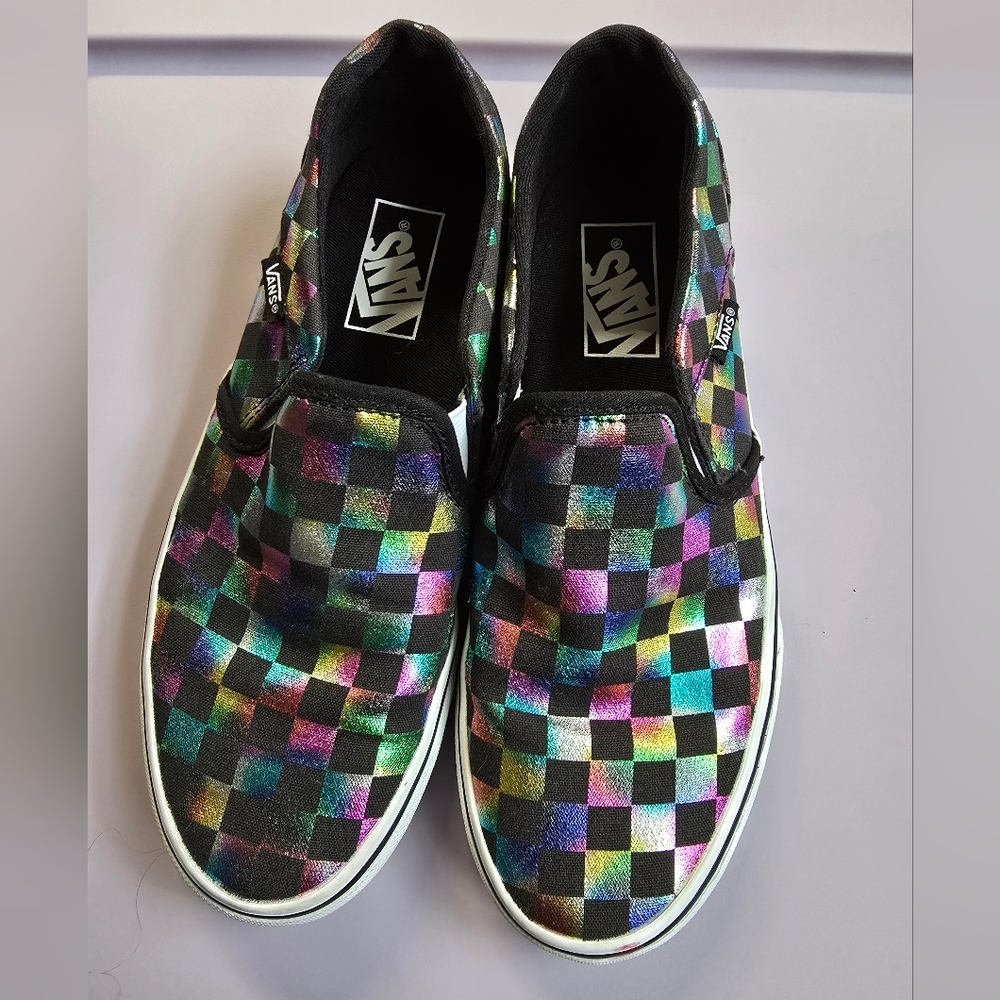 Vans Iridescent Multicolor Checkered Slip-On Shoes Womens size 8